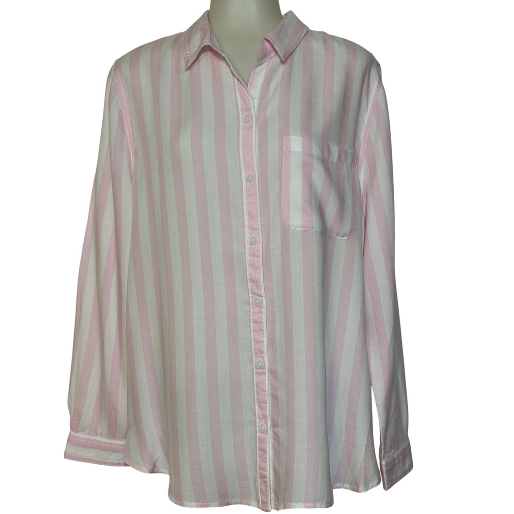Button Down Shirt Women XL Pink White Striped Long Sleeve Pocket 
Rayon blend